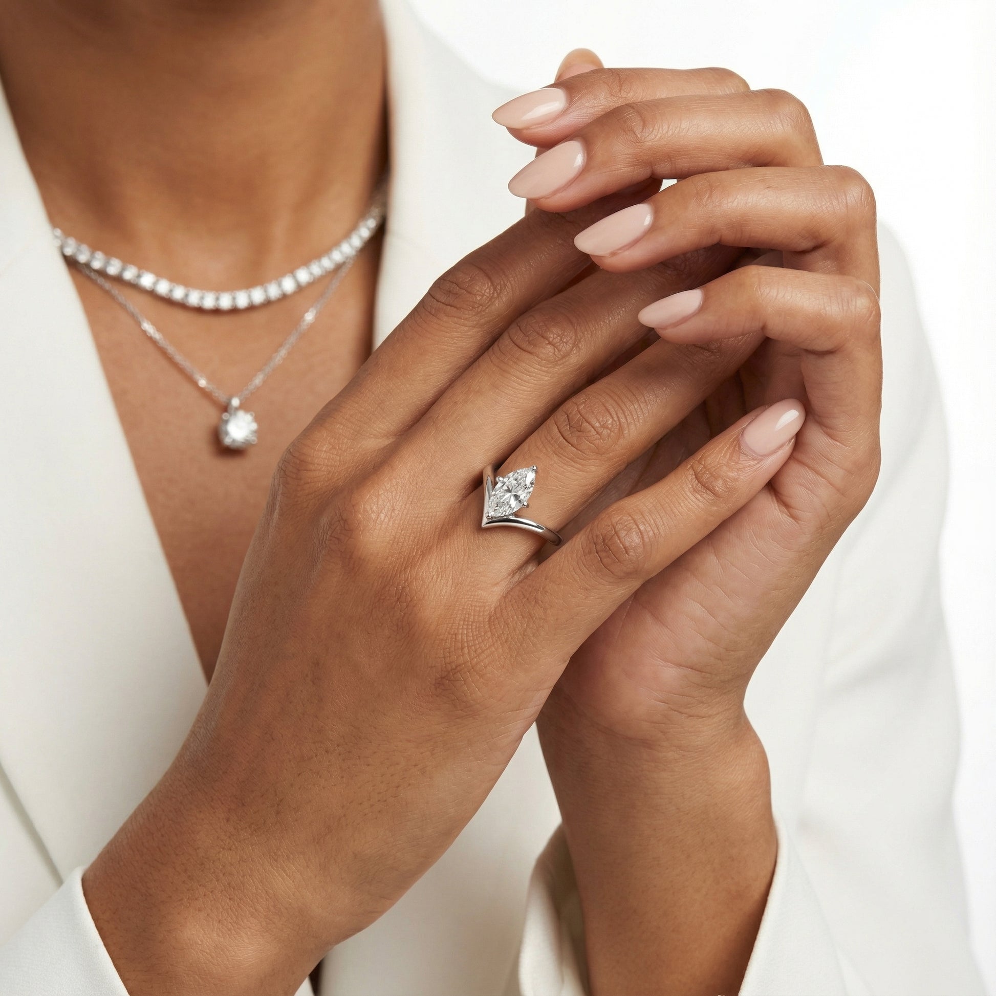 Marquise Cut Lab Grown Diamond Chevron Engagement Ring in Platinum