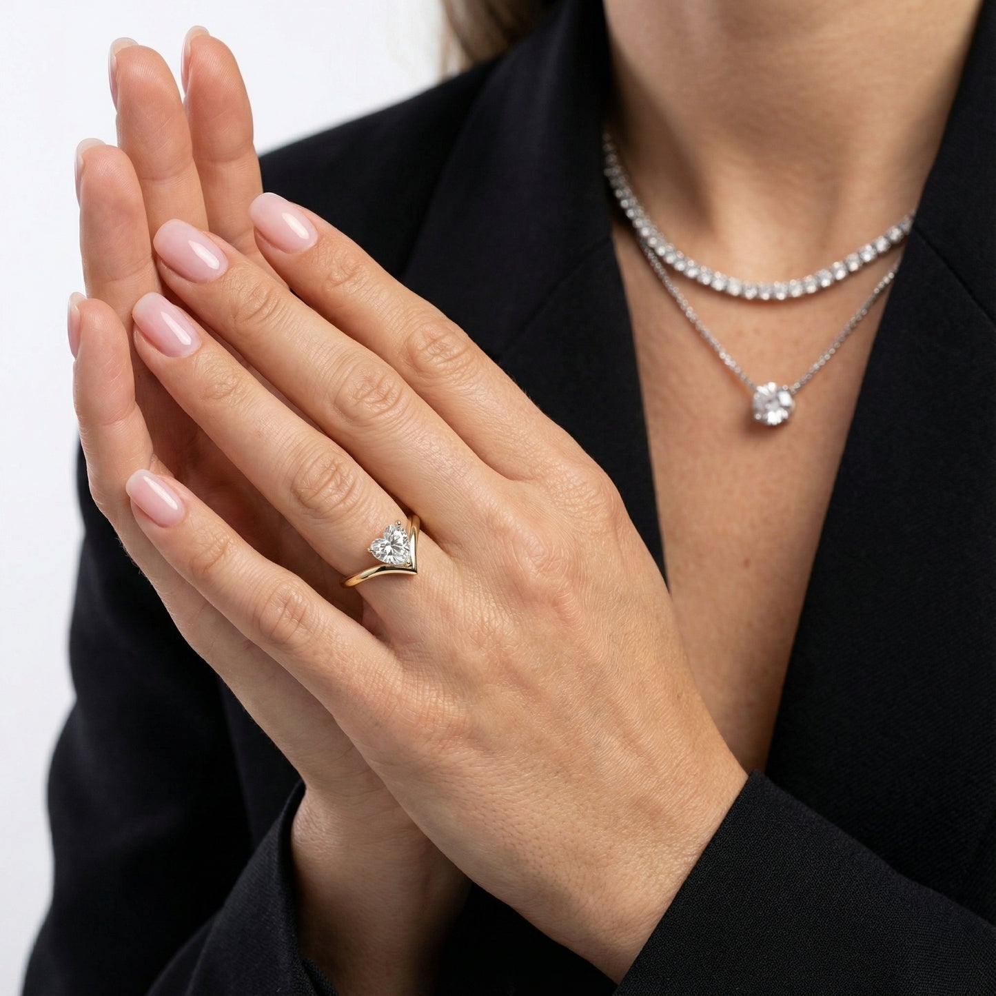 Evelyn Chevron Solitaire Ring featuring a Heart Cut Lab Grown Diamond in Yellow Gold