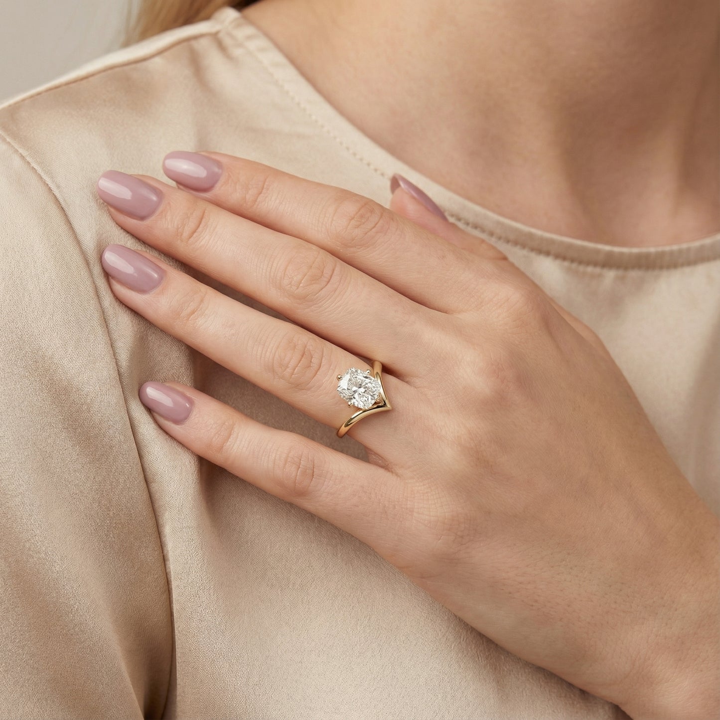 Cushion Cut Lab Grown Diamond Chevron Solitaire Ring in Yellow Gold