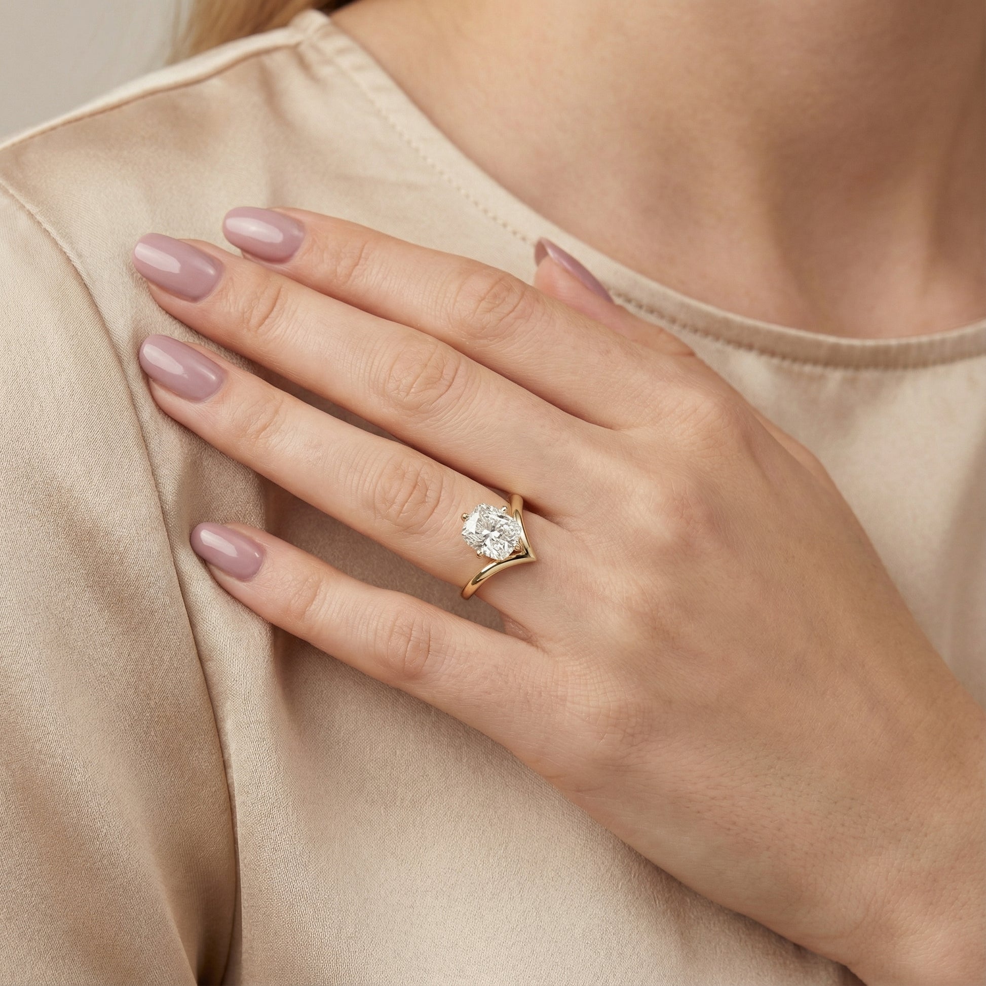 Cushion Cut Lab Grown Diamond Chevron Solitaire Ring in Yellow Gold