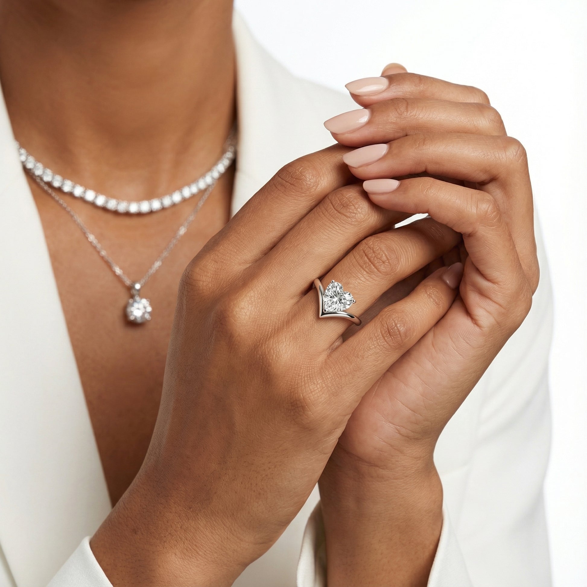 Evelyn Chevron Solitaire Ring featuring a Heart Cut Lab Grown Diamond in White Gold