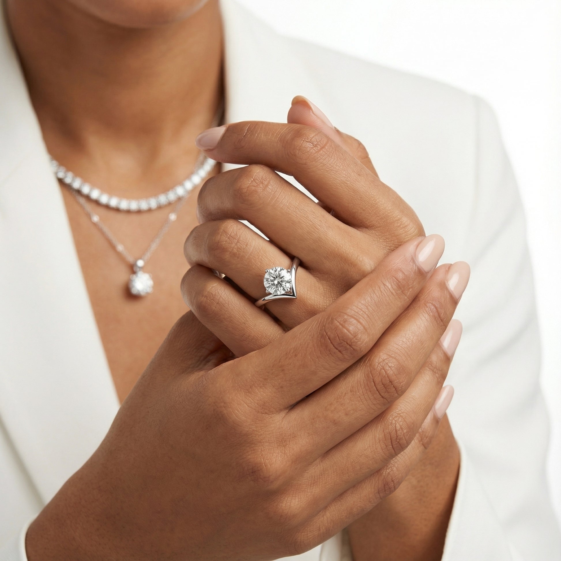 Round Cut Lab Grown Diamond Chevron Engagement Ring in Silver