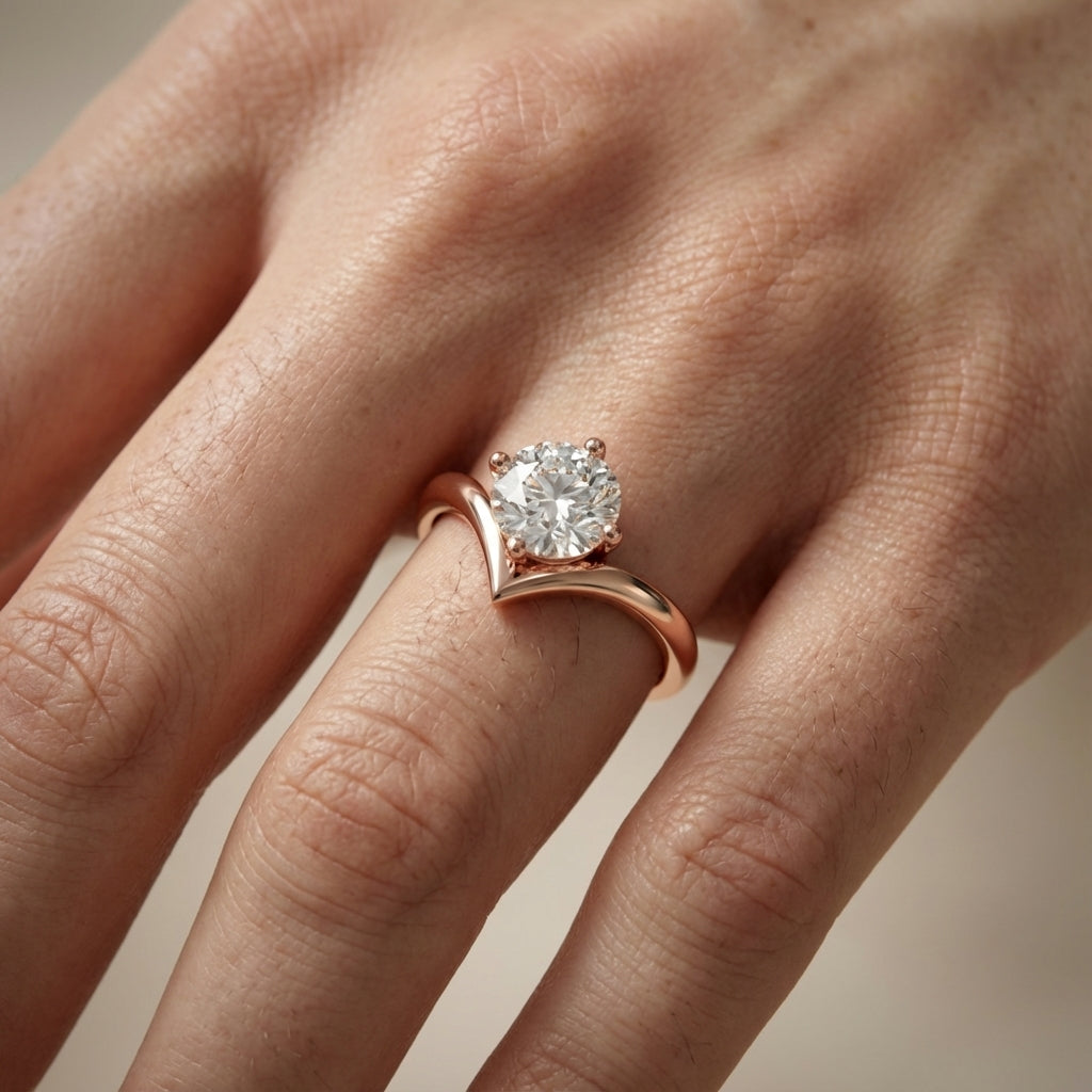 Round Cut Lab Grown Diamond Chevron Engagement Ring in Rose Gold