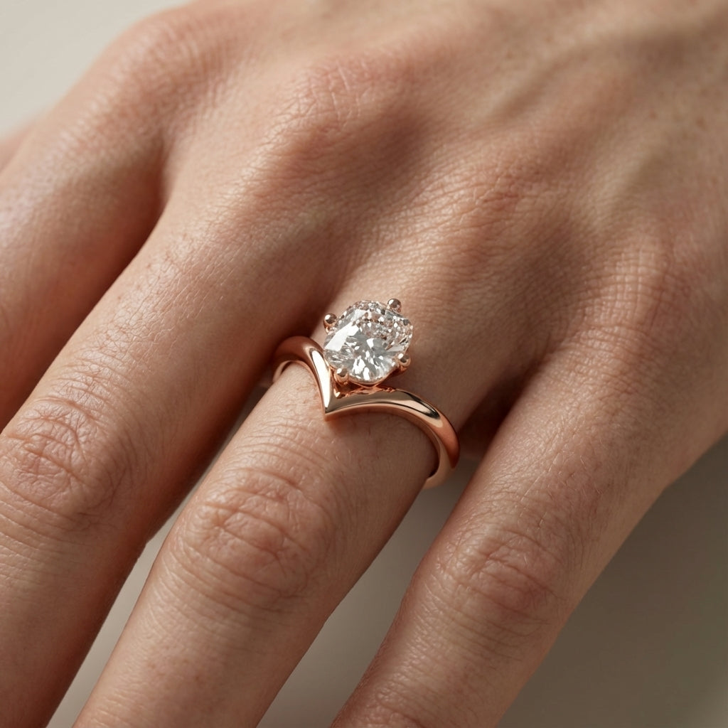 Cushion Cut Lab Grown Diamond Chevron Solitaire Ring in Rose Gold