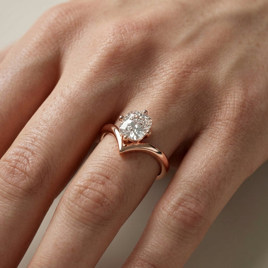 Cushion Cut Lab Grown Diamond Chevron Solitaire Ring in Rose Gold