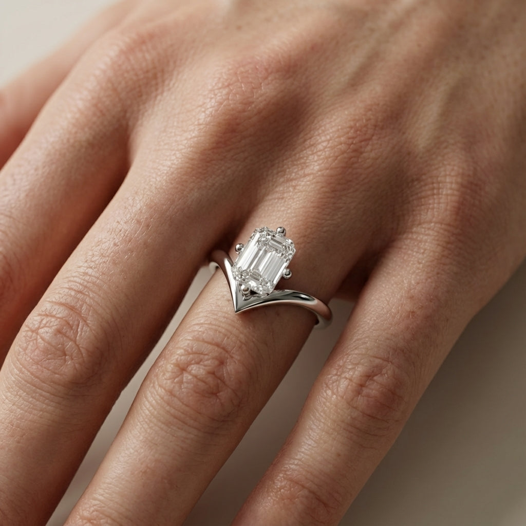 Emerald Cut Lab Grown Diamond Chevron Solitaire Engagement Ring in White Gold