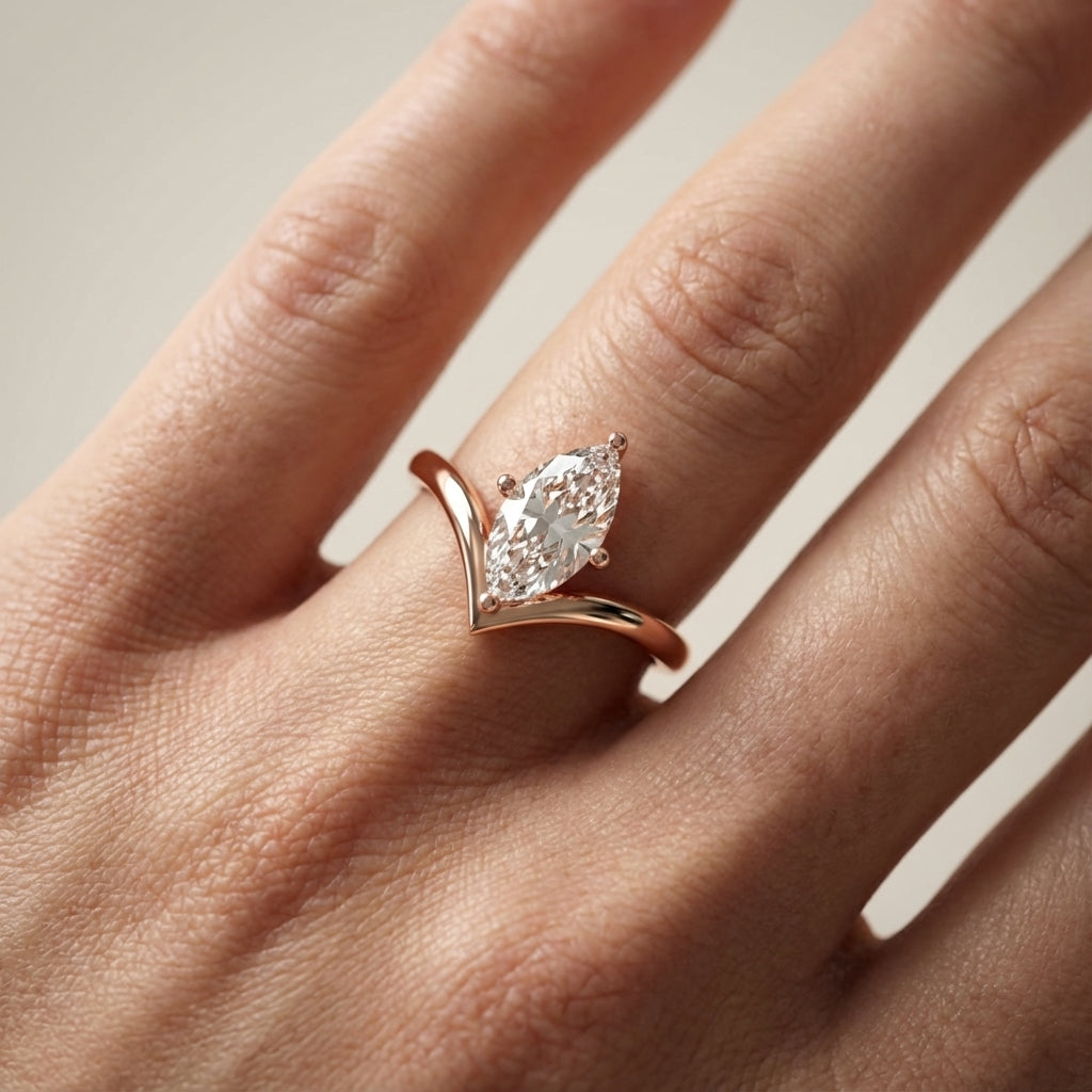 Marquise Cut Lab Grown Diamond Chevron Engagement Ring in Rose Gold