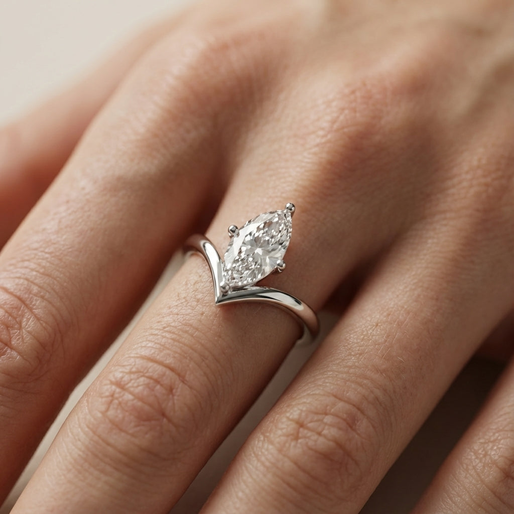 Marquise Cut Lab Grown Diamond Chevron Engagement Ring in Platinum