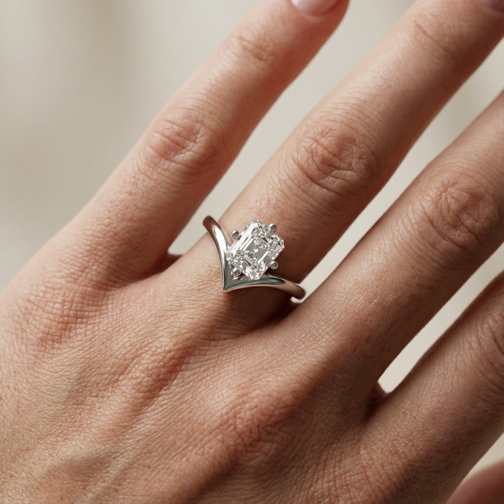 Radiant Cut Lab Grown Diamond Chevron Solitaire Engagement Ring in White Gold