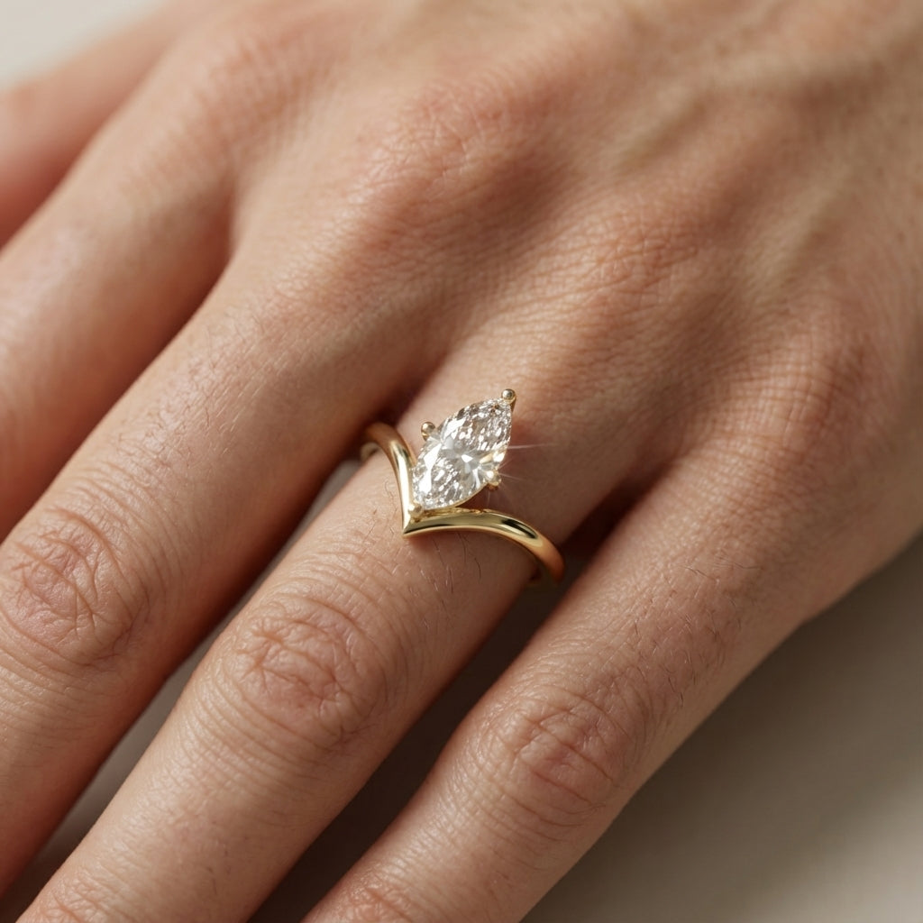 Marquise Cut Lab Grown Diamond Chevron Engagement Ring in Yellow Gold