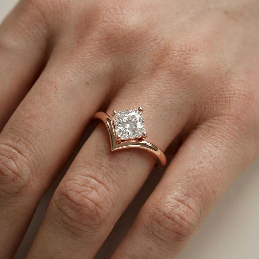 Asscher Cut Lab Grown Diamond Chevron Solitaire Engagement Ring in Rose Gold