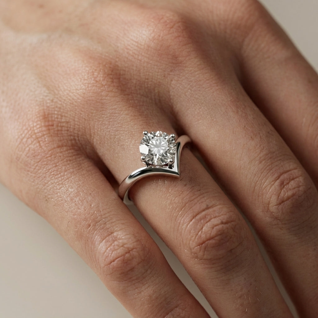 Round Cut Lab Grown Diamond Chevron Engagement Ring in Platinum