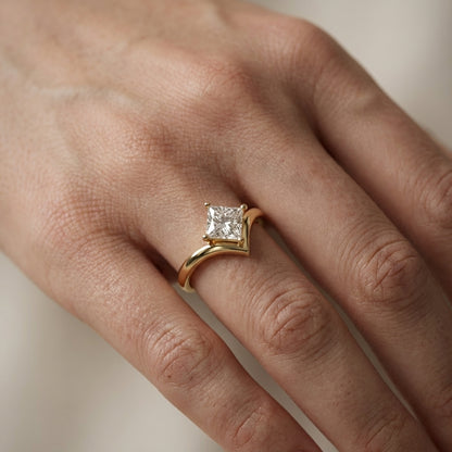 Princess Cut Lab Grown Diamond Engagement Ring in Yellow Gold with Chevron Band