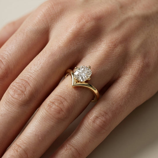 Cushion Cut Lab Grown Diamond Chevron Solitaire Ring in Yellow Gold