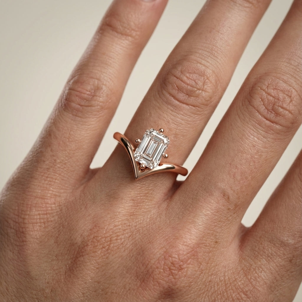 Emerald Cut Lab Grown Diamond Chevron Solitaire Engagement Ring in Rose Gold