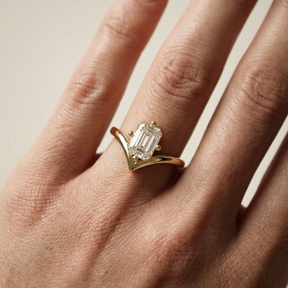 Emerald Cut Lab Grown Diamond Chevron Solitaire Engagement Ring in Yellow Gold