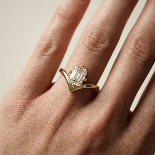 Emerald Cut Lab Grown Diamond Chevron Solitaire Engagement Ring in Yellow Gold