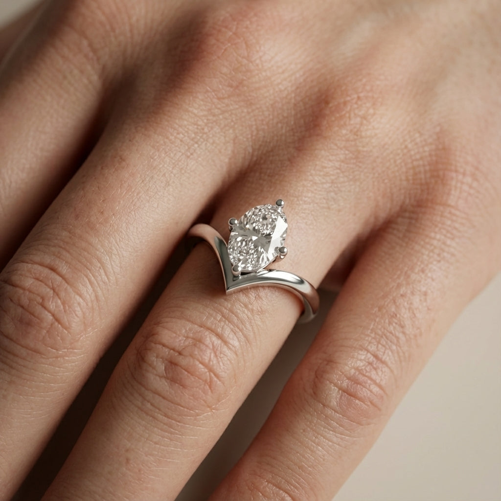 Oval Cut Lab Grown Diamond Chevron Solitaire Engagement Ring in Silver