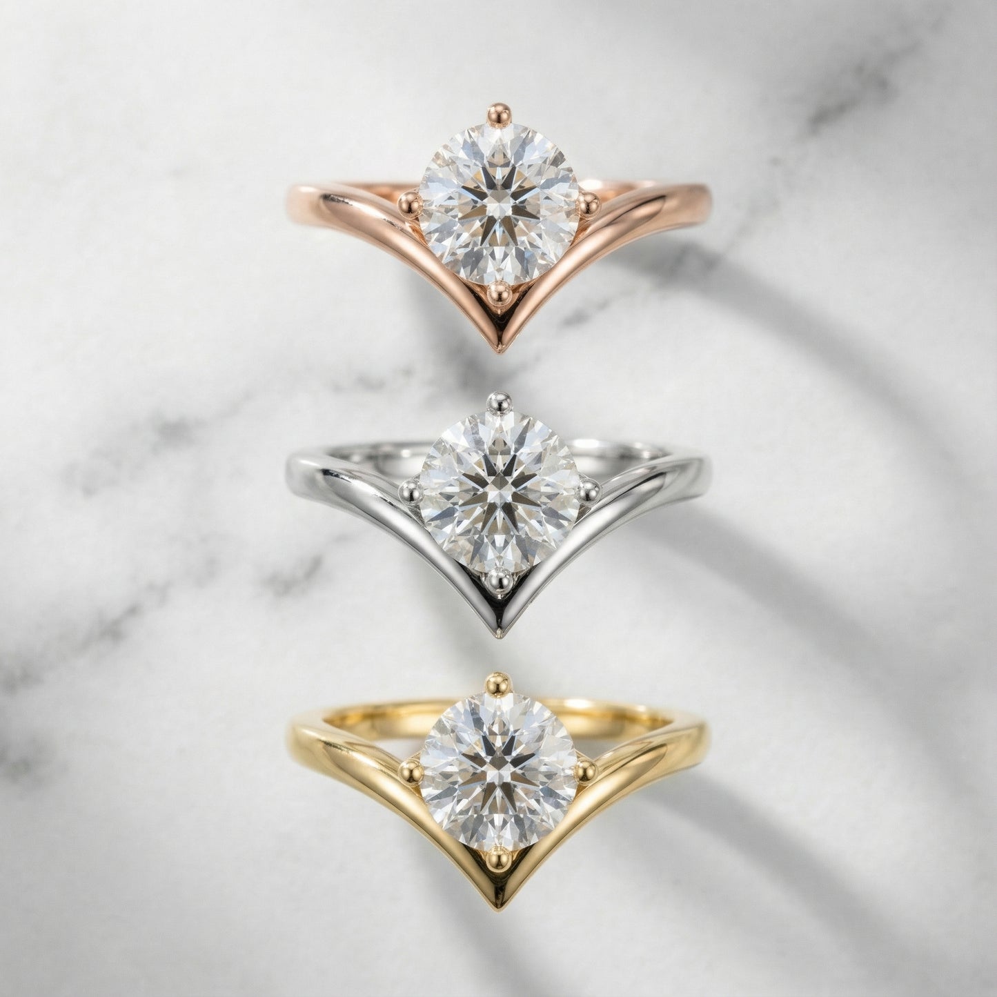 Round Cut Lab Grown Diamond Chevron Engagement Ring in Rose Gold