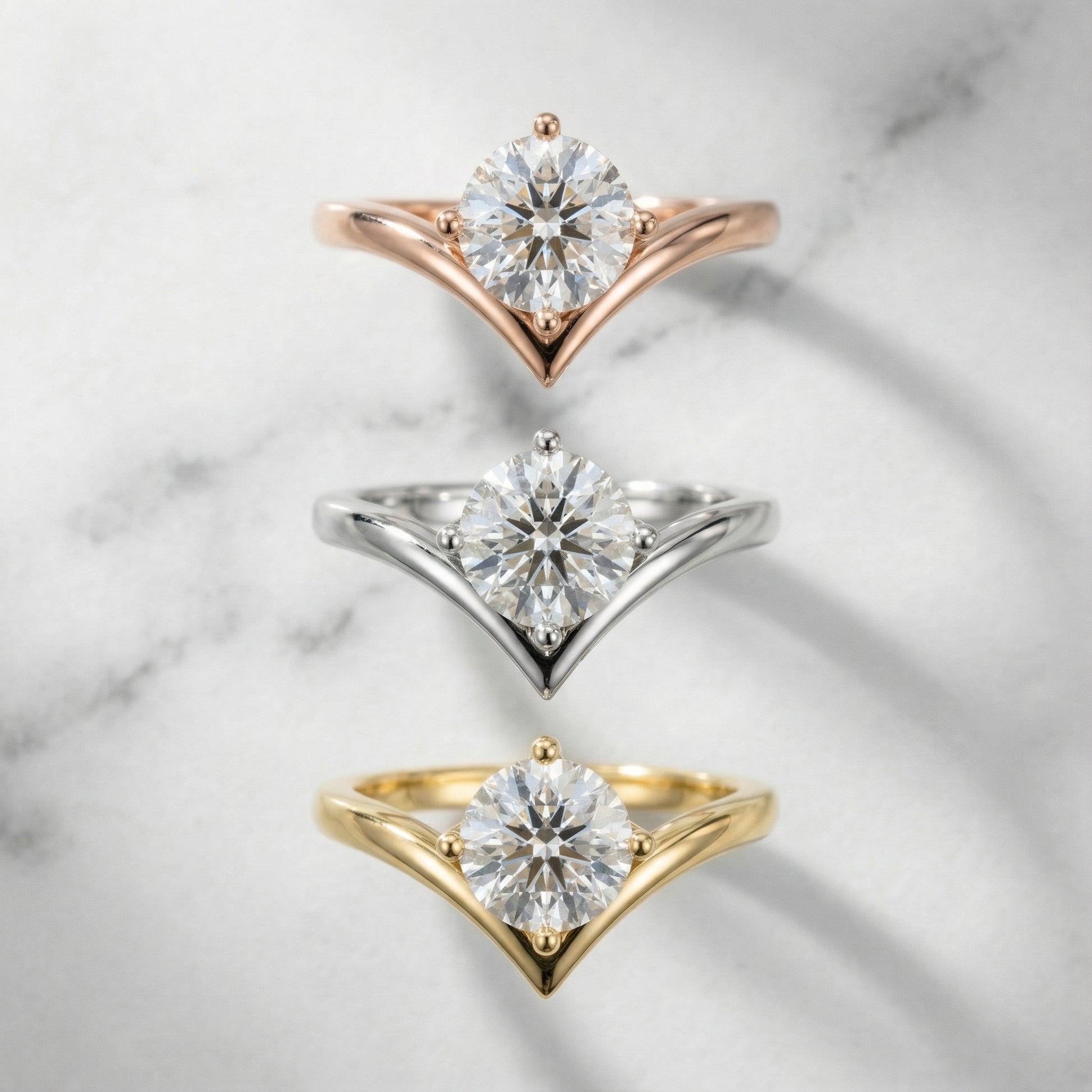 Round Cut Lab Grown Diamond Chevron Engagement Ring in Rose Gold