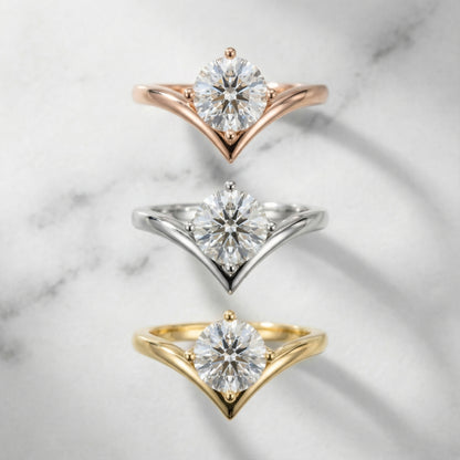 Round Cut Lab Grown Diamond Chevron Engagement Ring in Rose Gold