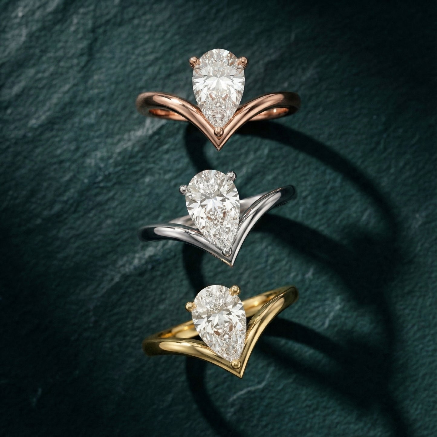 Pear Cut Lab Grown Diamond Chevron Solitaire Engagement Ring in Yellow Gold