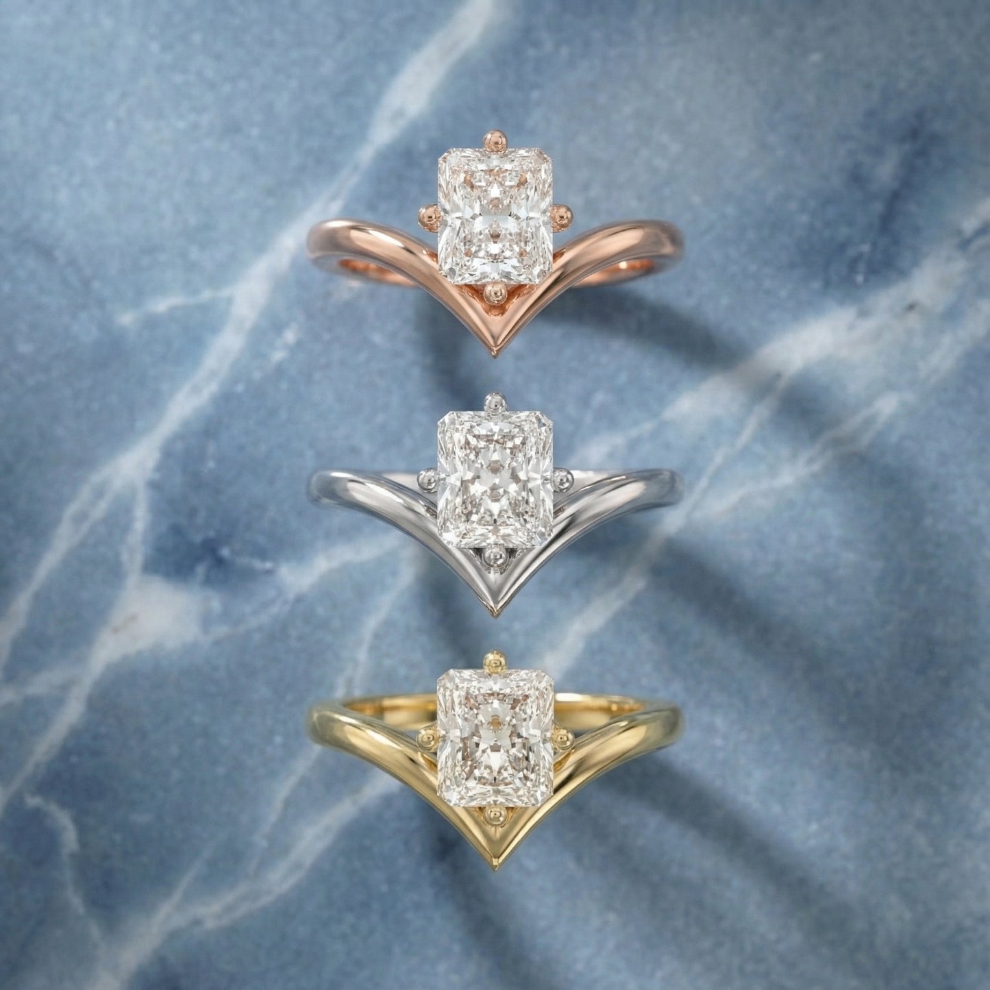 Radiant Cut Lab Grown Diamond Chevron Solitaire Engagement Ring in Yellow Gold