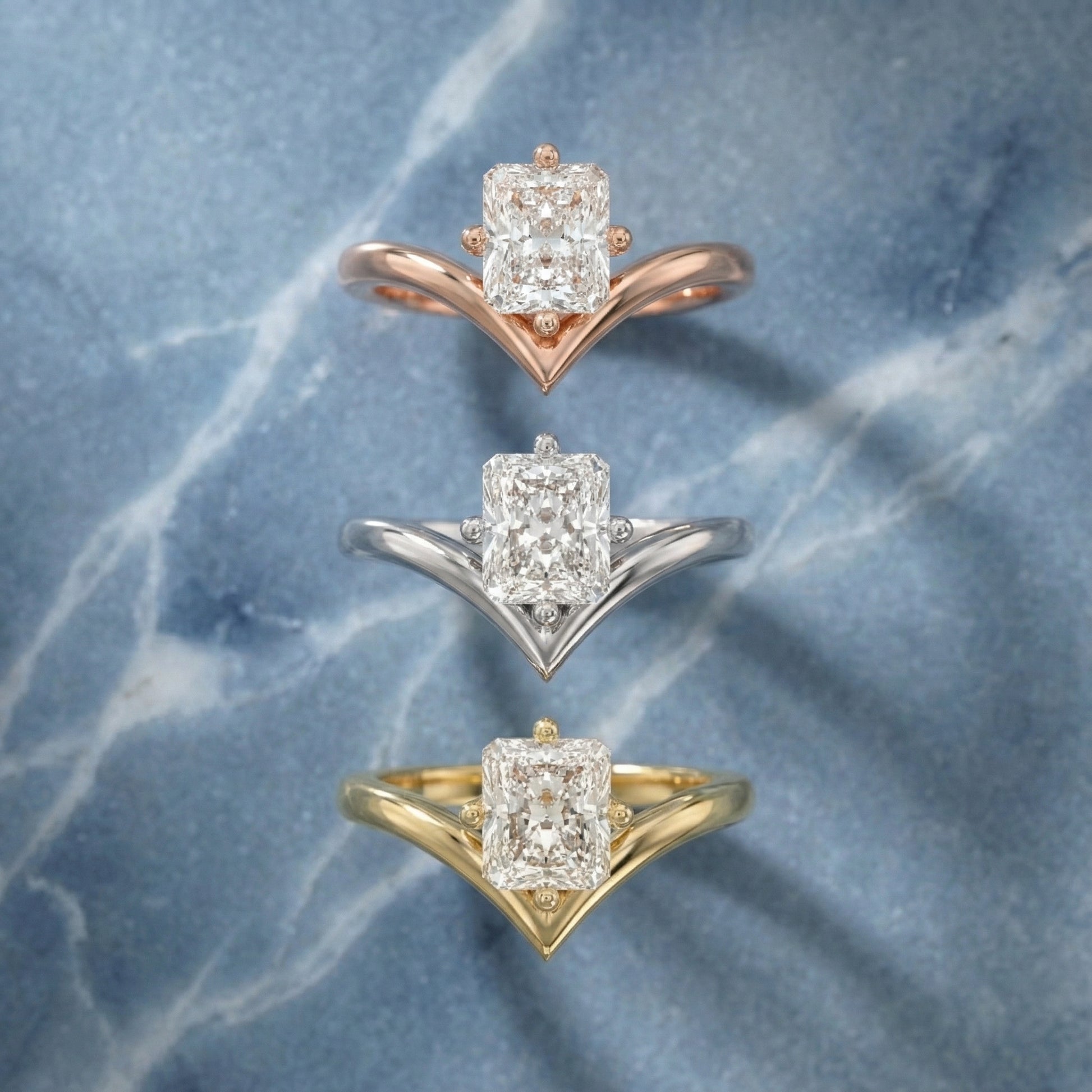 Radiant Cut Lab Grown Diamond Chevron Solitaire Engagement Ring in Rose Gold