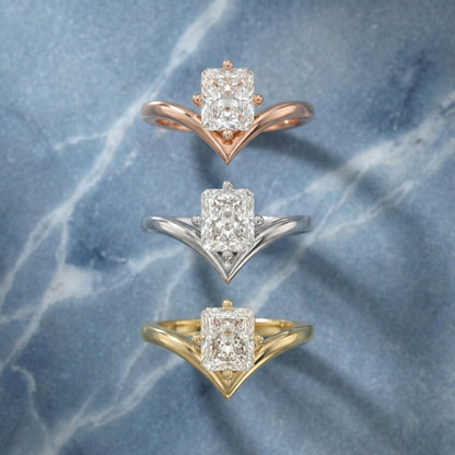 Radiant Cut Lab Grown Diamond Chevron Solitaire Engagement Ring in Rose Gold