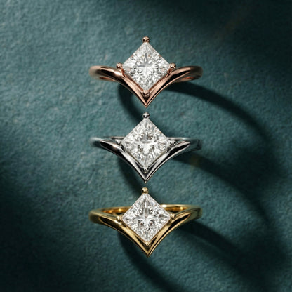 Princess Cut Lab Grown Diamond Engagement Ring in Yellow Gold with Chevron Band