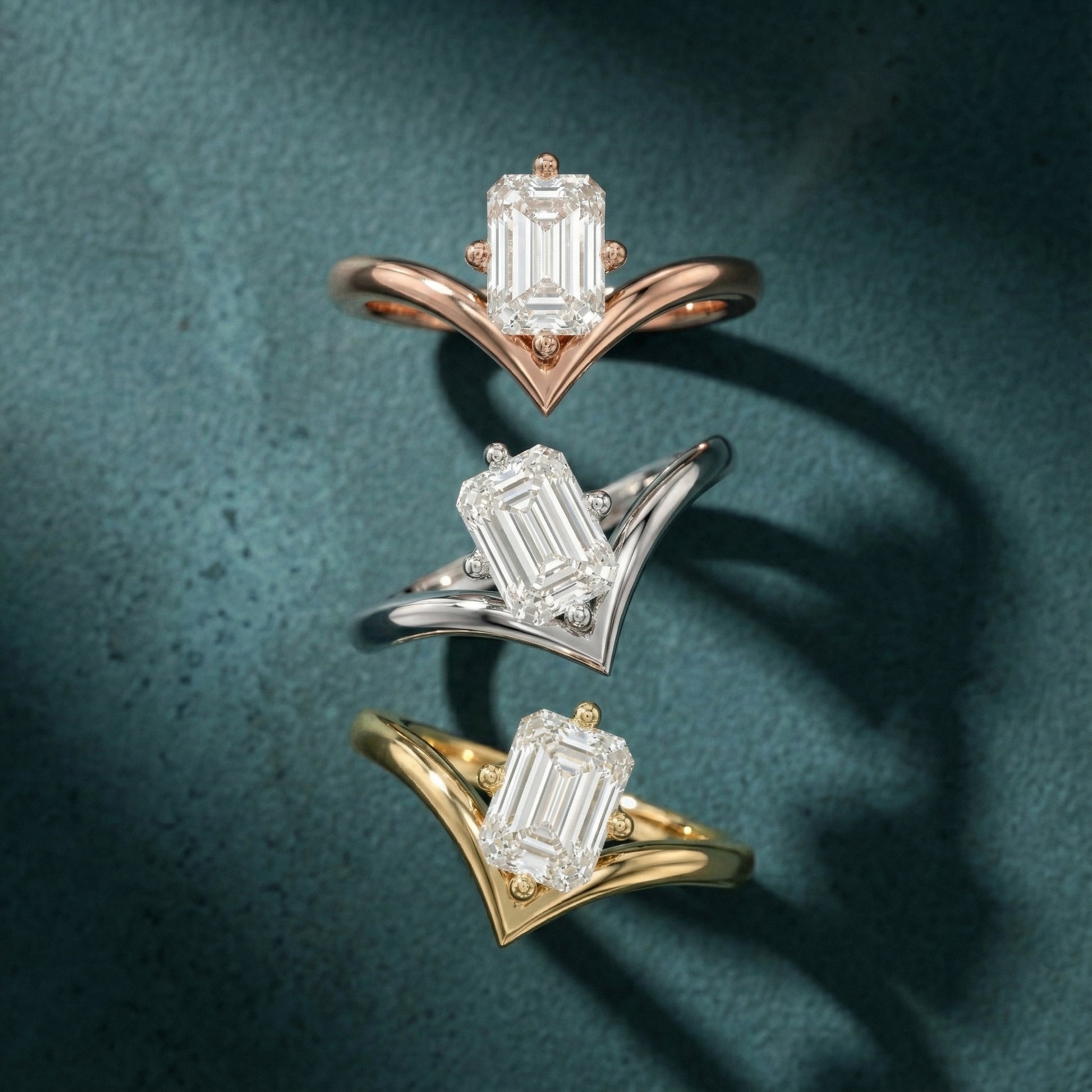 Emerald Cut Lab Grown Diamond Chevron Solitaire Engagement Ring in Yellow Gold