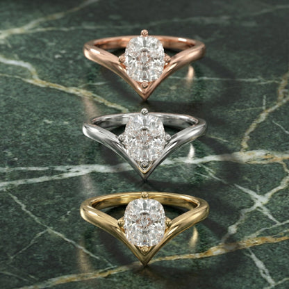Cushion Cut Lab Grown Diamond Chevron Solitaire Ring in Yellow Gold