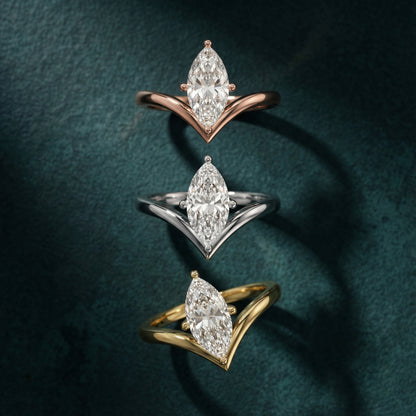 Marquise Cut Lab Grown Diamond Chevron Engagement Ring in Silver