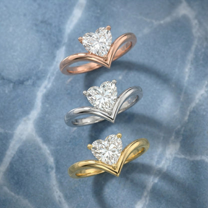 Evelyn Chevron Solitaire Ring featuring a Heart Cut Lab Grown Diamond in Silver