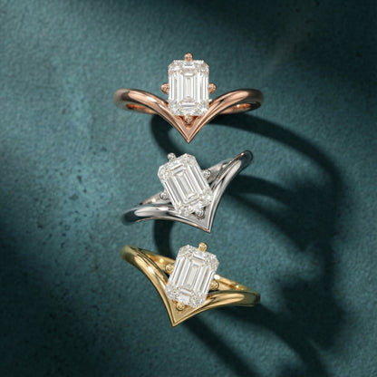 Emerald Cut Lab Grown Diamond Chevron Solitaire Engagement Ring in Platinum