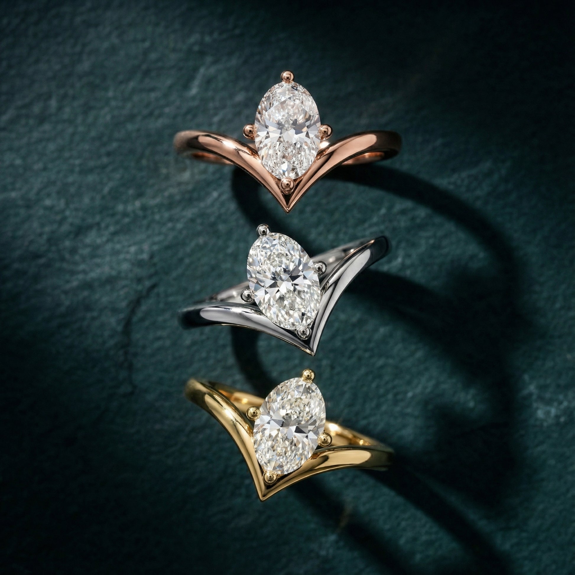 Oval Cut Lab Grown Diamond Chevron Solitaire Engagement Ring in Rose Gold setting