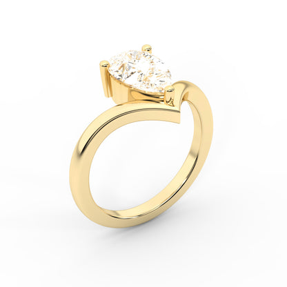Pear Cut Lab Grown Diamond Chevron Solitaire Engagement Ring in Yellow Gold