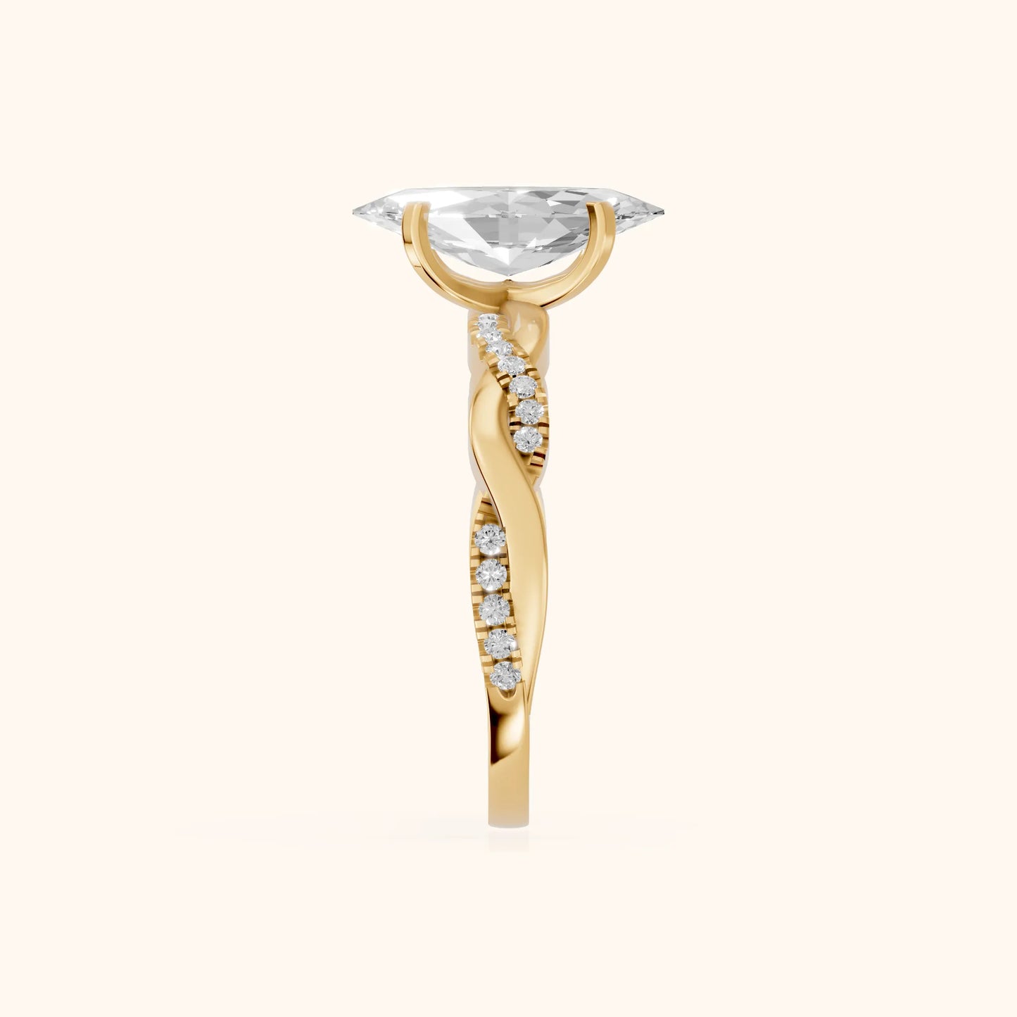 Twisted Side Stone Marquise Diamond Engagement Ring in Yellow Gold - SideView