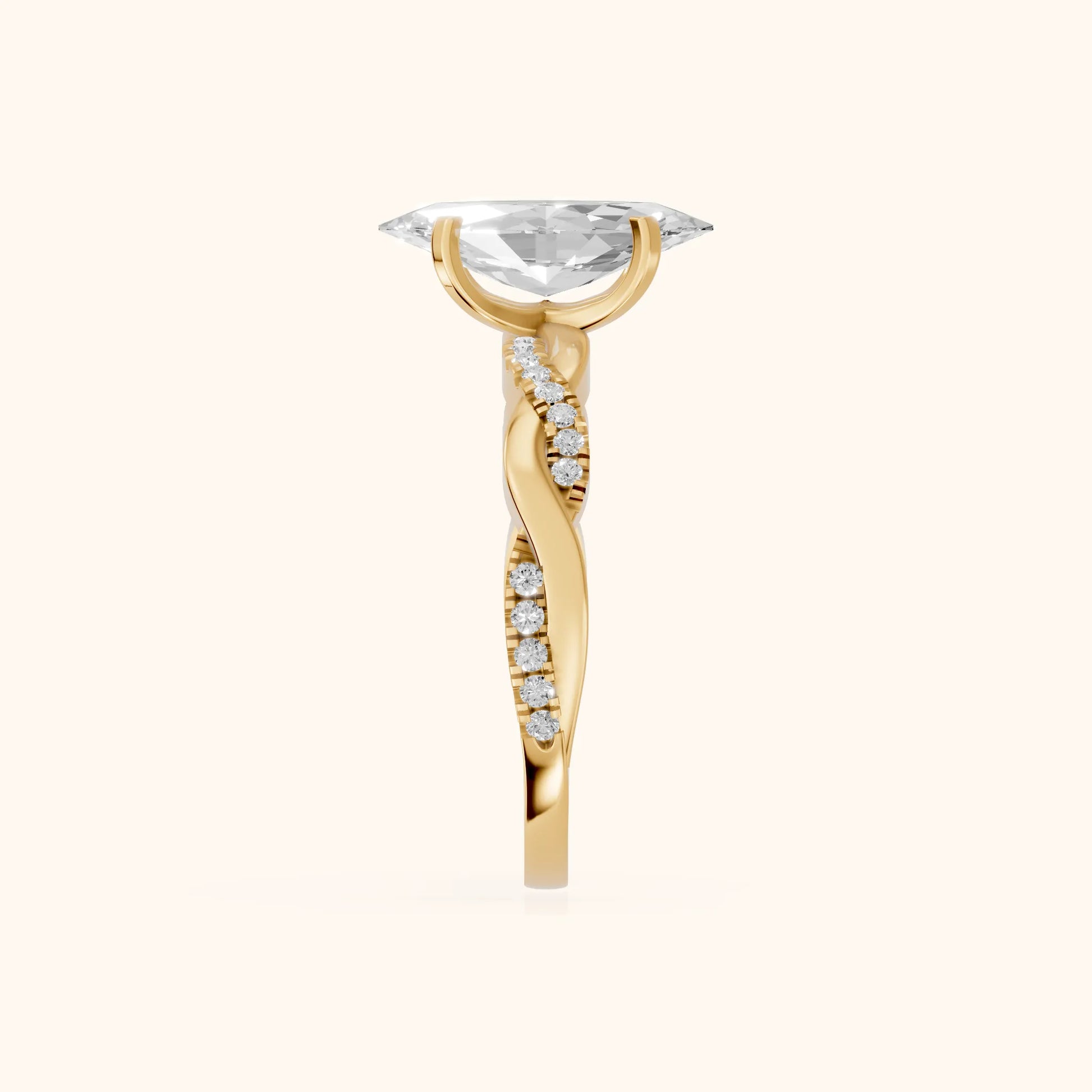 Twisted Side Stone Marquise Diamond Engagement Ring in Yellow Gold - SideView