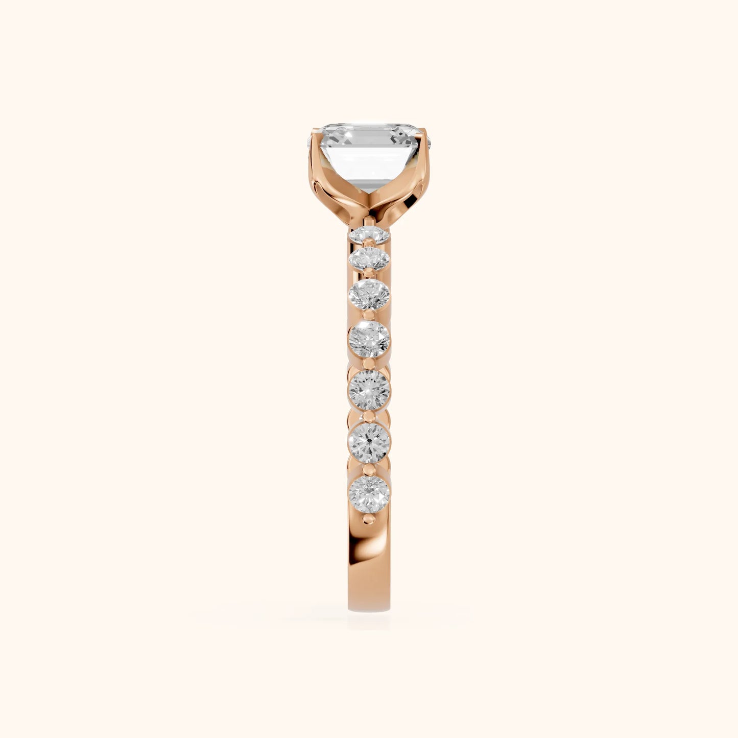 Eleanor Majesty Side Stone Asscher Diamond Engagement Ring in Rose Gold - SideView
