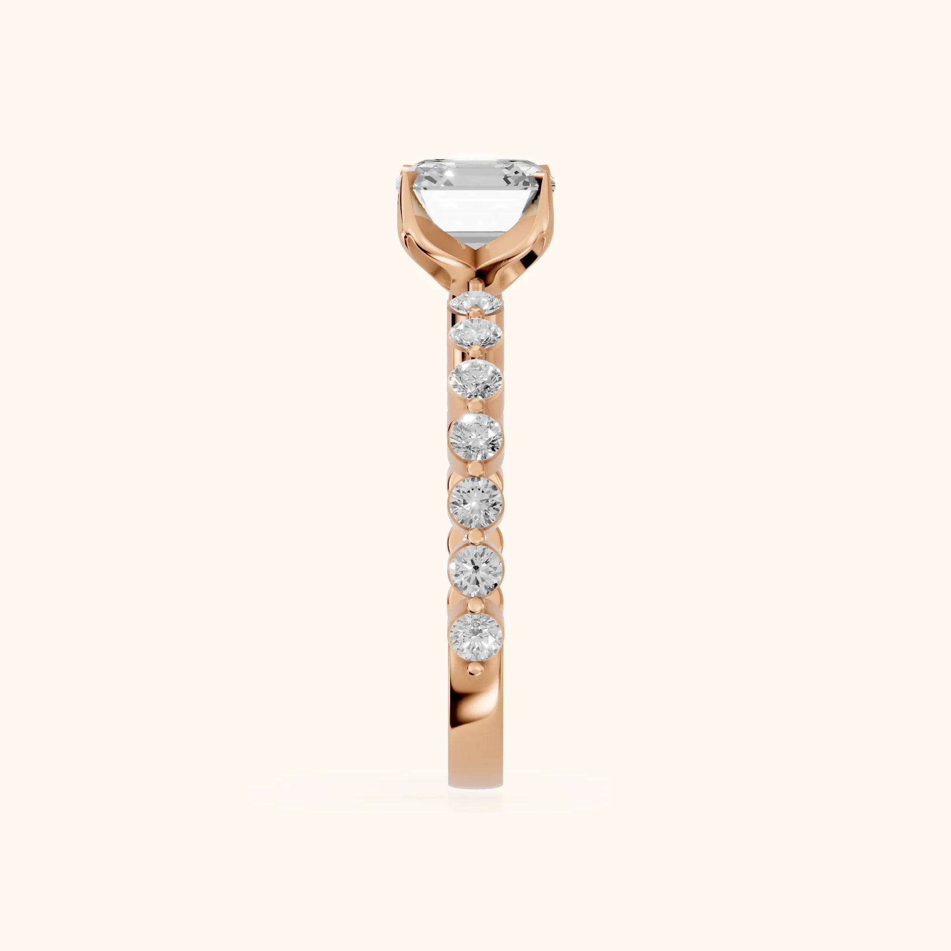 Eleanor Majesty Side Stone Asscher Diamond Engagement Ring in Rose Gold - SideView
