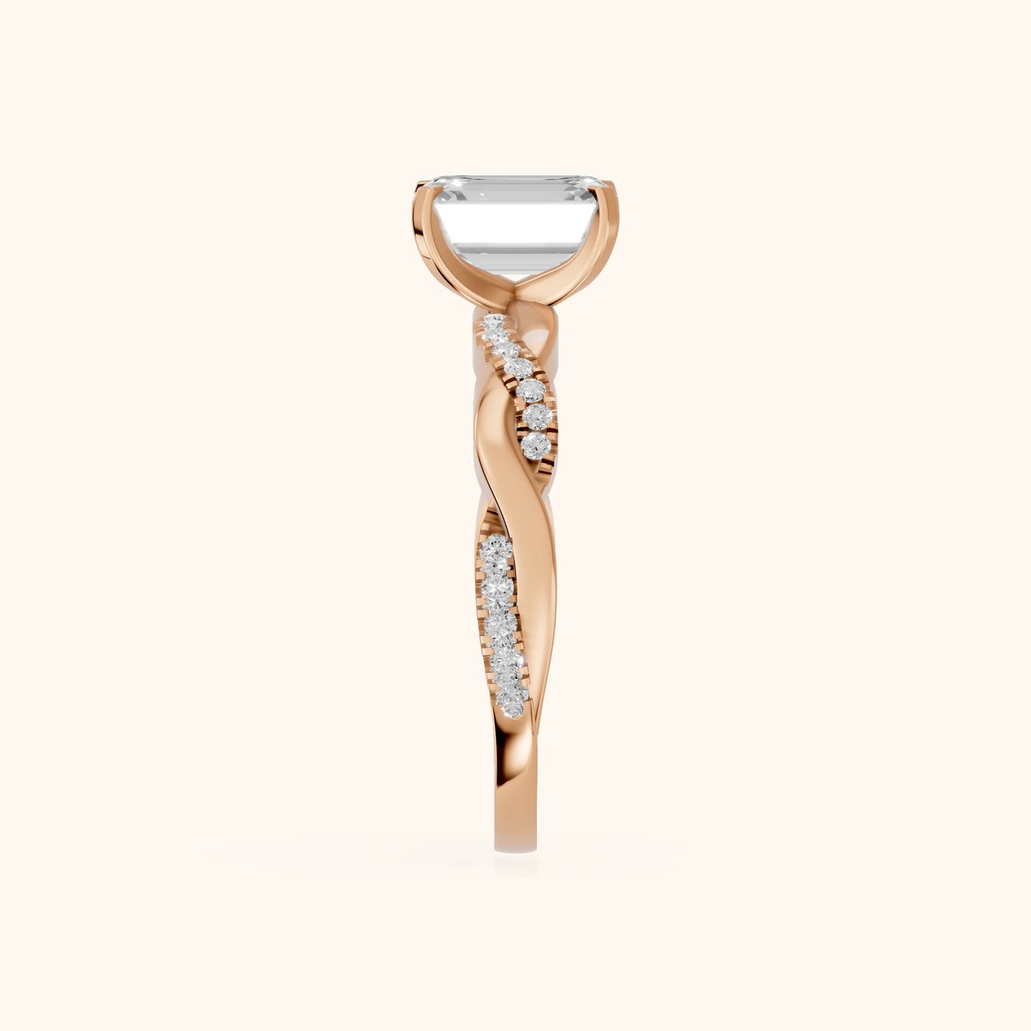 Twisted Side Stone Emerald Diamond Engagement Ring in Rose Gold - SideView