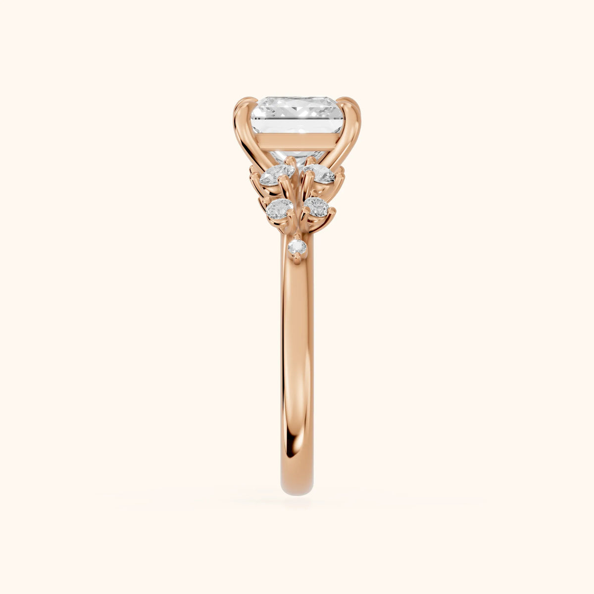 Mirabelle Cluster Princess Diamond Engagement Ring in Rose Gold - SideView.webp