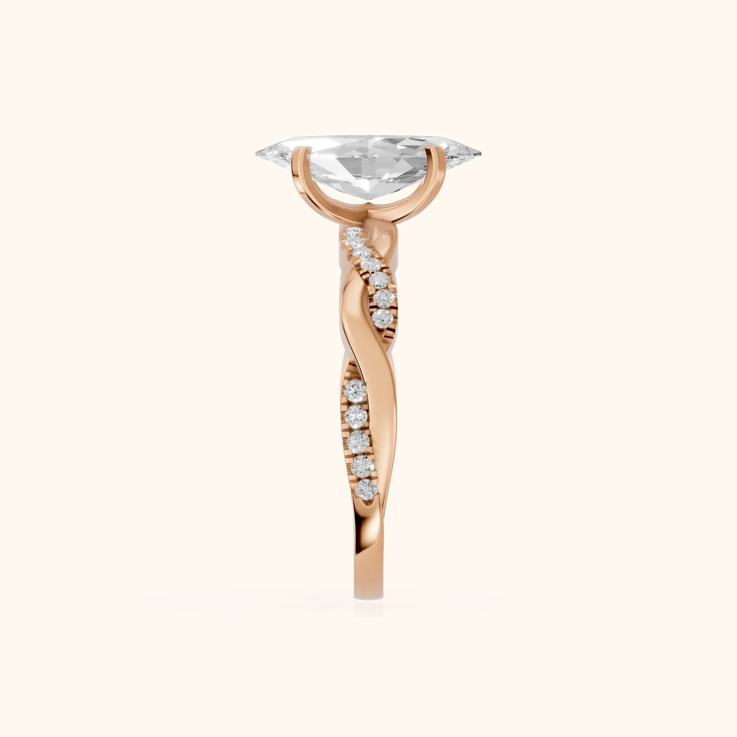 Twisted Side Stone Marquise Diamond Engagement Ring in Rose Gold - SideView
