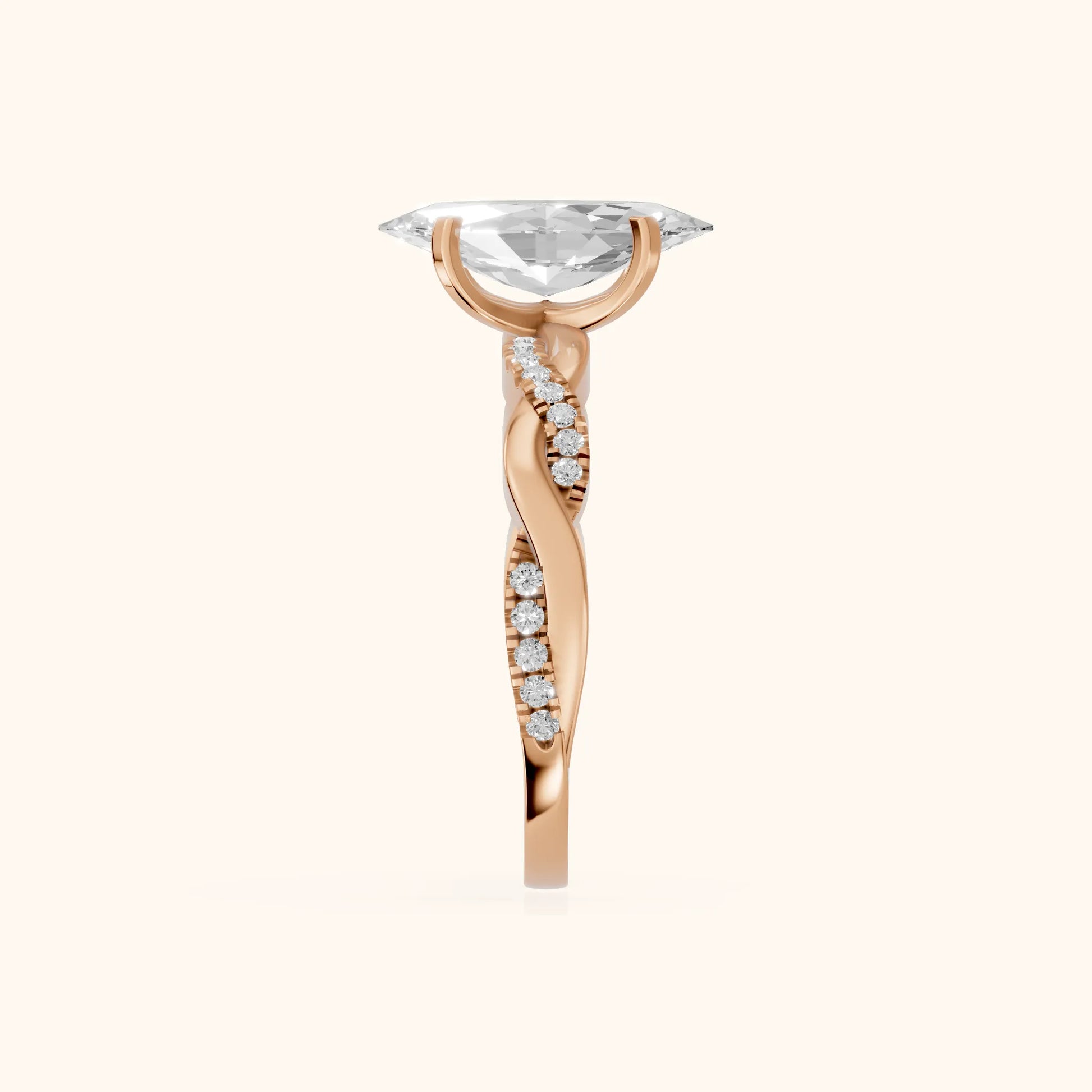 Twisted Side Stone Marquise Diamond Engagement Ring in Rose Gold - SideView