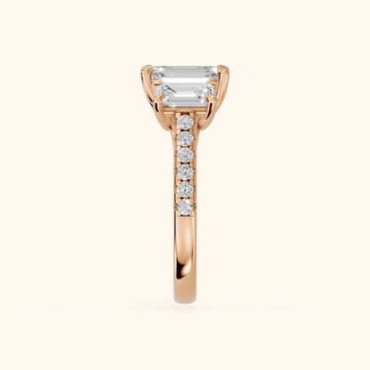 Gabrielle Three-Stone Pavé Emerald Diamond Engagement Ring in Rose Gold - SideView.webp