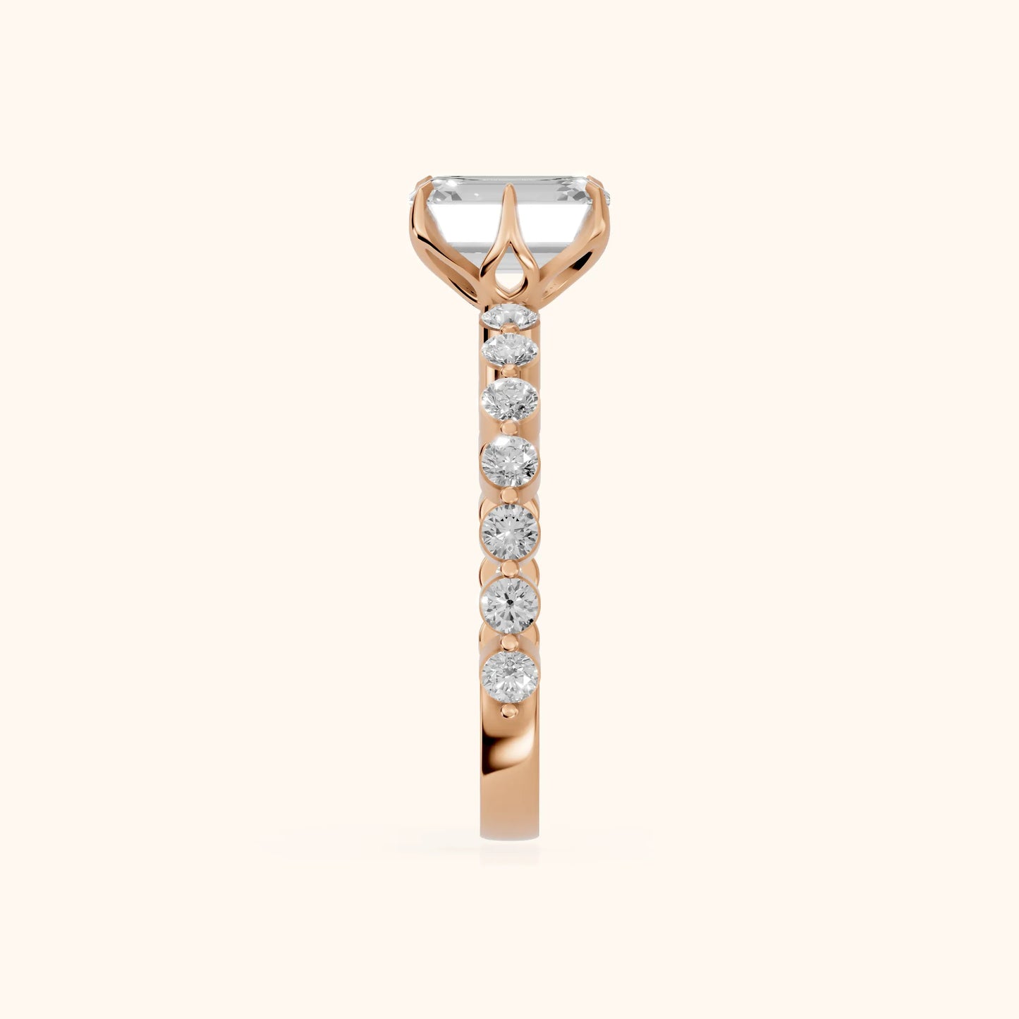 Eleanor Majesty Side Stone Emerald Diamond Engagement Ring in Rose Gold - SideView