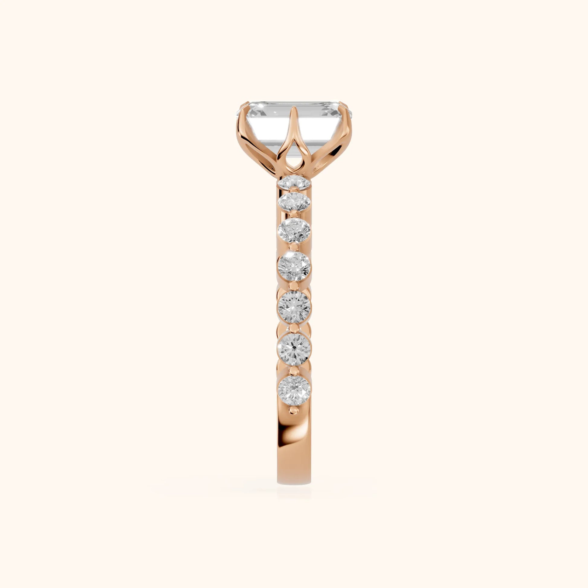 Eleanor Majesty Side Stone Emerald Diamond Engagement Ring in Rose Gold - SideView