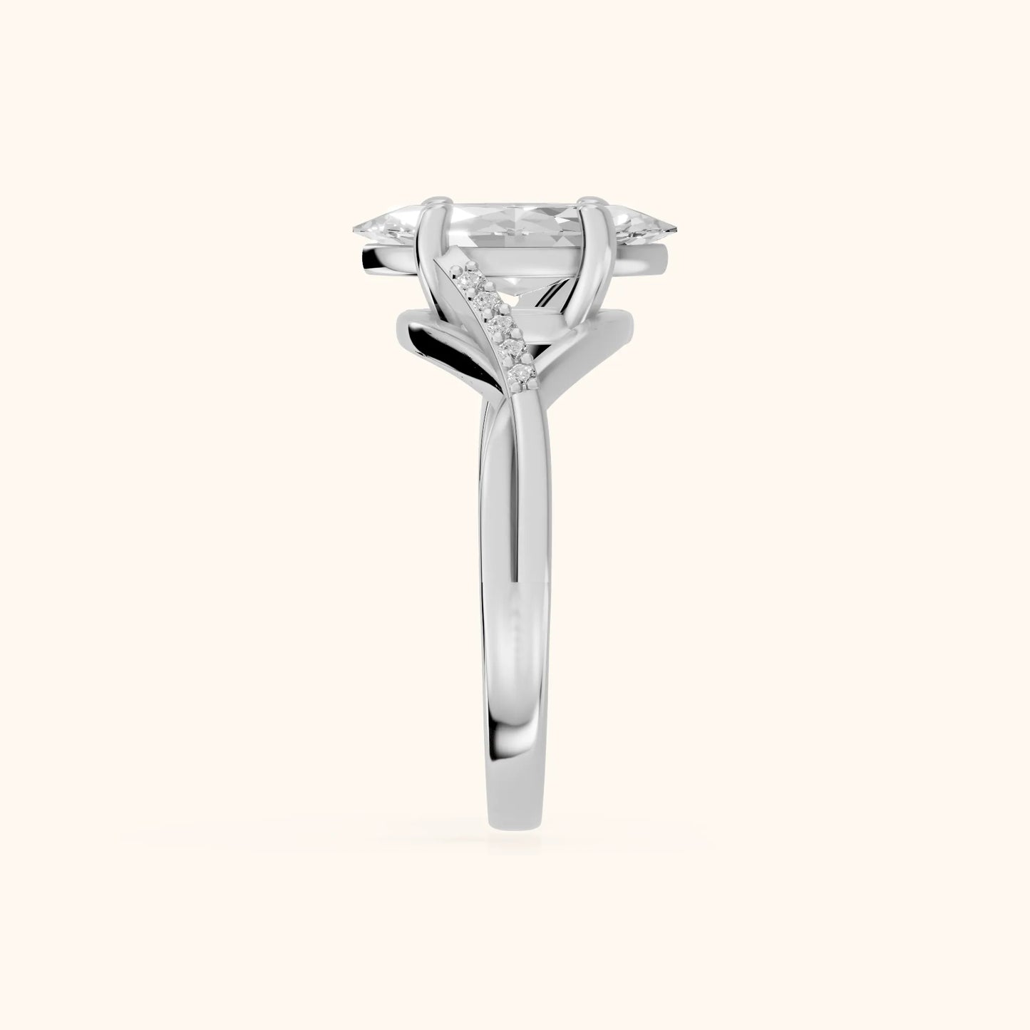 Veronica Twist Side Stone Marquise Diamond Engagement Ring in White Gold - SideView