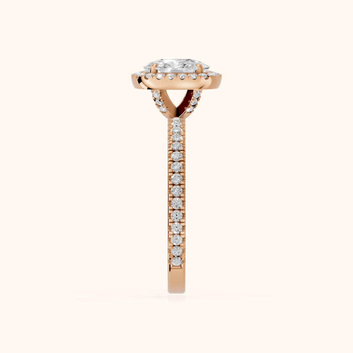 Rosemary Halo Pavé Cushion Diamond Engagement Ring in Rose Gold - SideView.webp